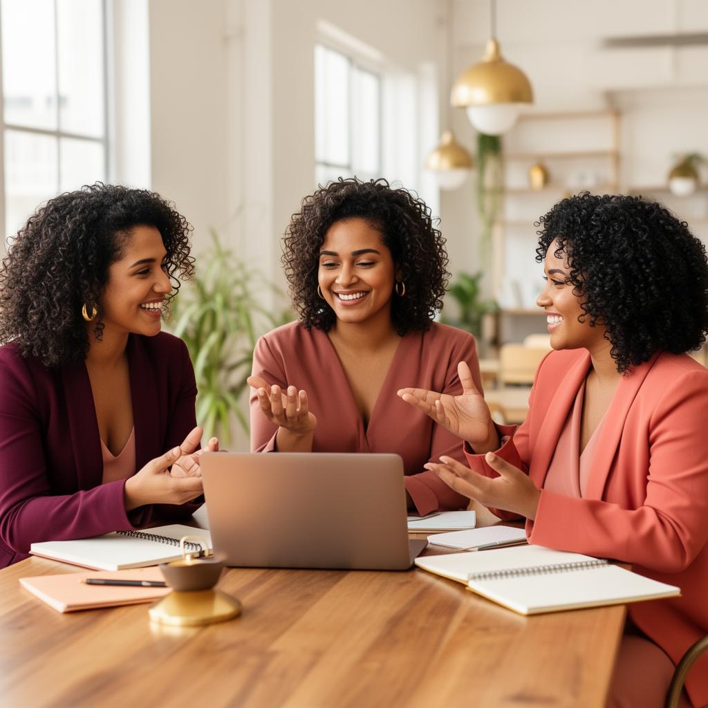 Mulheres empreendedoras e mães da rede sorrindo e trabalhando juntas